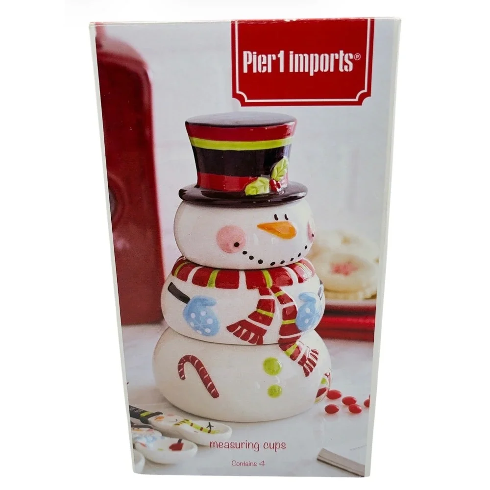 Pier 1 Stacking Ceramic Snowman Measuring Cups Christmas Candy Snack Bowls Set